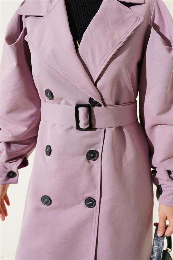 Belted Balloon Sleeve Long Trench Coat Lilac