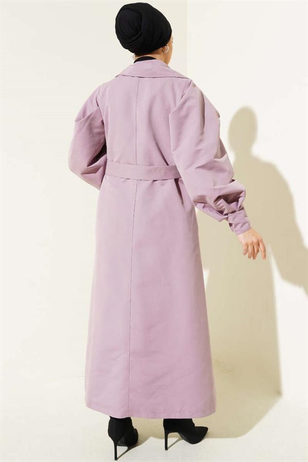 Belted Balloon Sleeve Long Trench Coat Lilac