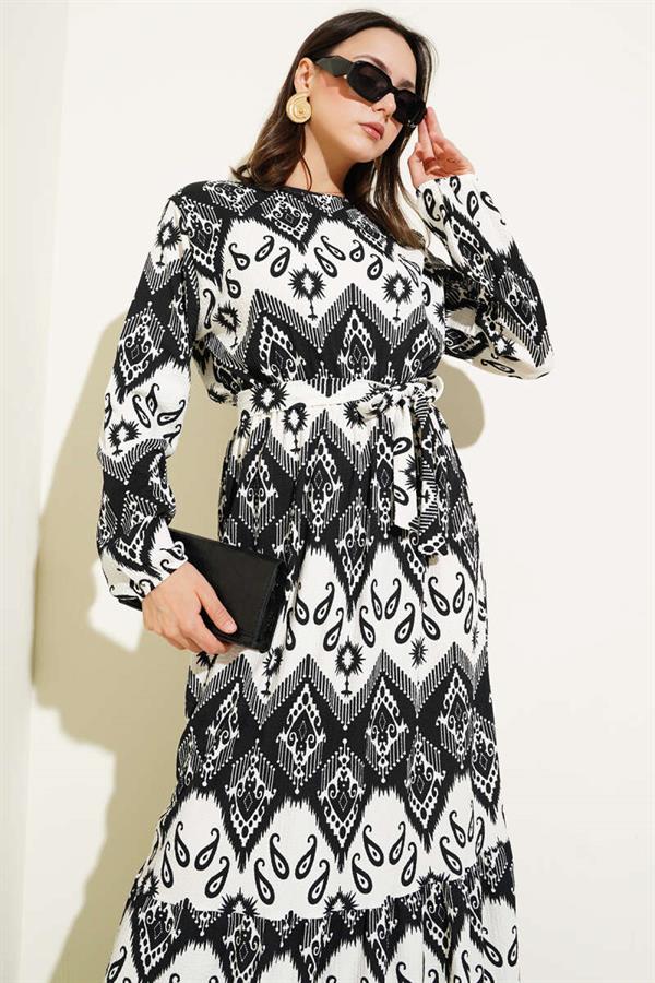 Belted Waist Elastic Patterned Crepe Dress Black