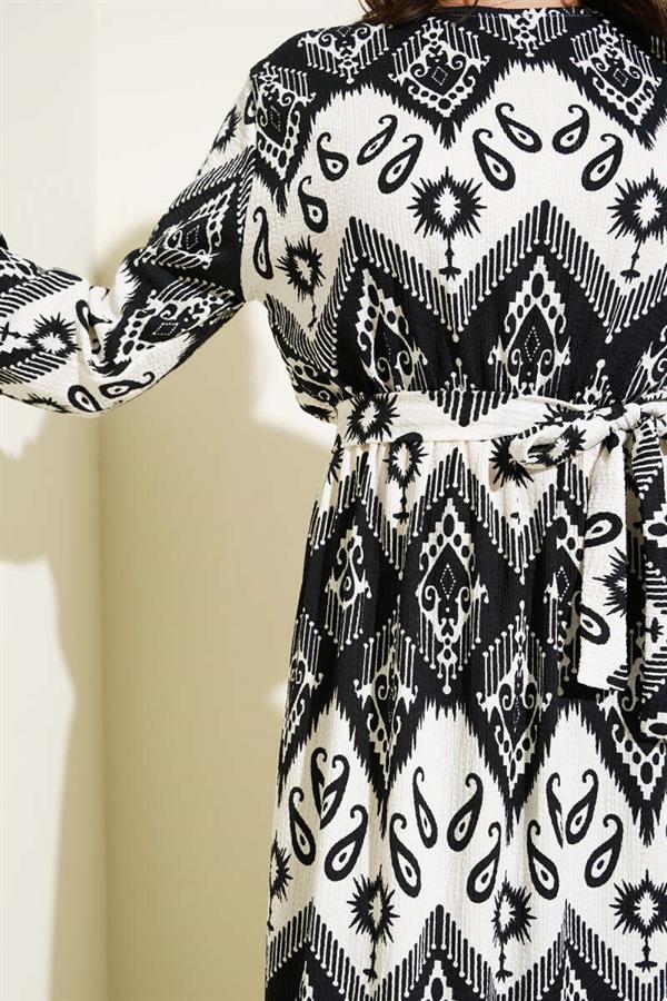 Belted Waist Elastic Patterned Crepe Dress Black