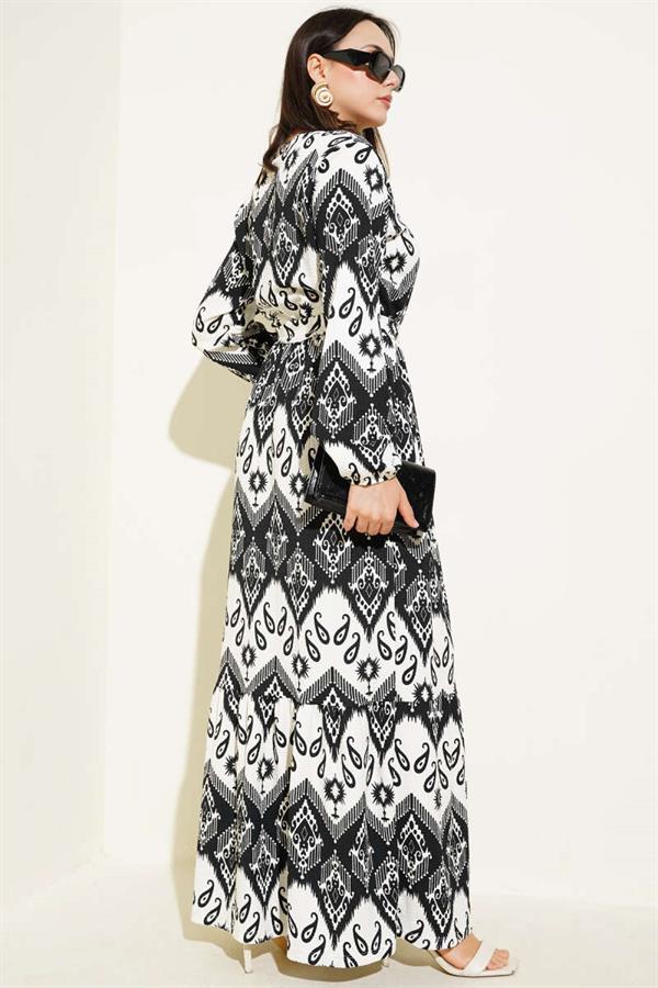 Belted Waist Elastic Patterned Crepe Dress Black