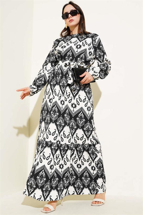 Belted Waist Elastic Patterned Crepe Dress Black