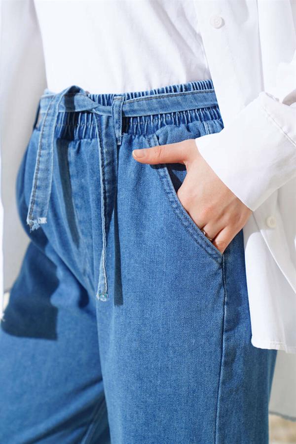 Belted Waist Elastic Jeans Trousers Jeans