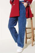 Belted Waist Elastic Jeans Dark Blue