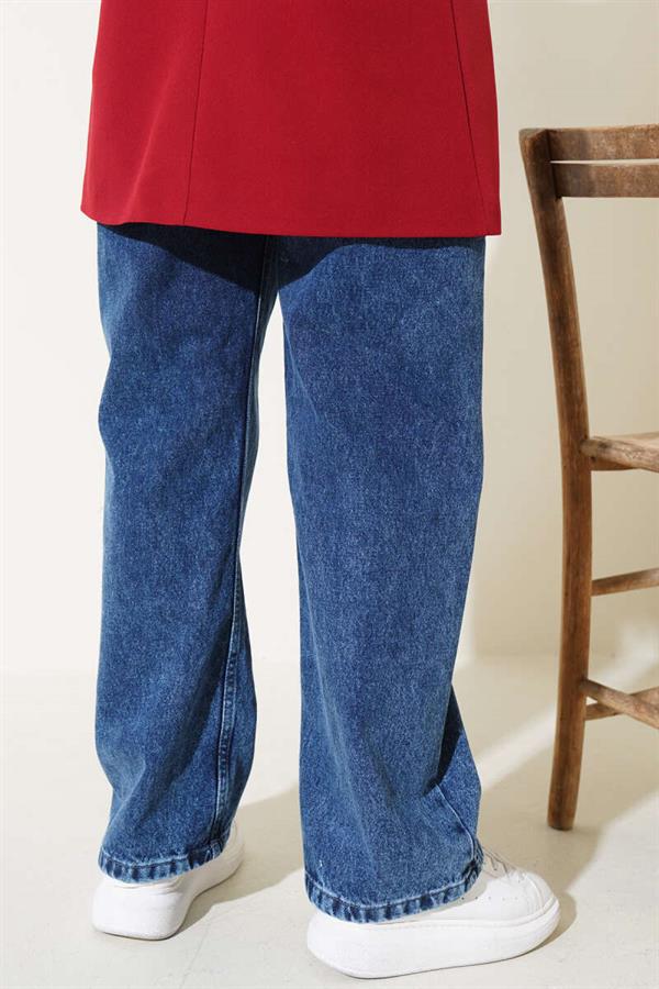 Belted Waist Elastic Jeans Dark Blue