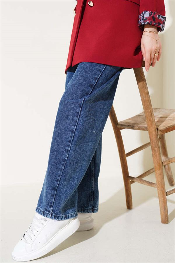 Belted Waist Elastic Jeans Dark Blue