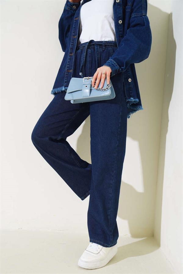 Belted Waist Elastic Jeans Navy Blue