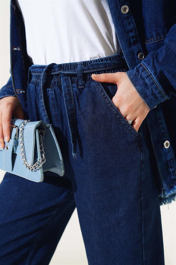 Belted Waist Elastic Jeans Navy Blue