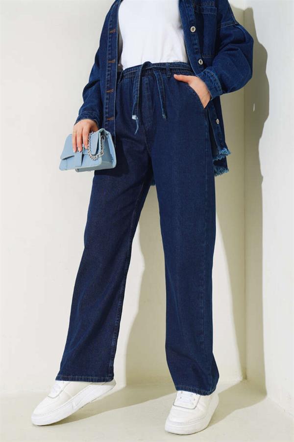 Belted Waist Elastic Jeans Navy Blue
