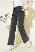 Belted Waist Elastic Jeans Smoke