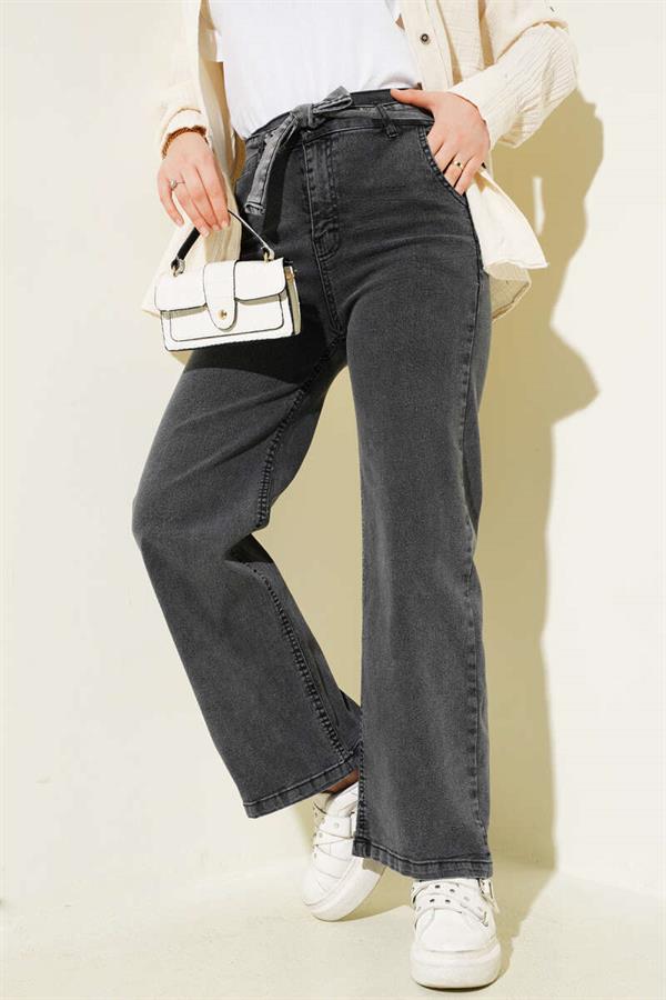 Belted Waist Elastic Jeans Smoke