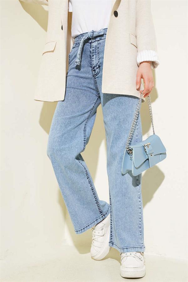 Belted Elastic Waist Jeans Denim Blue