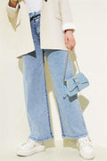 Belted Elastic Waist Jeans Denim Blue