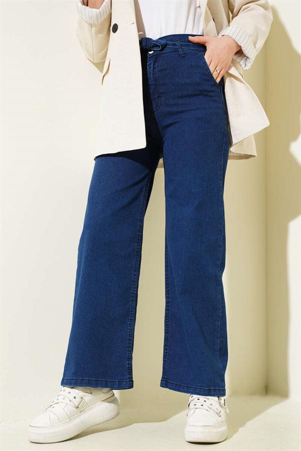 Belted Elastic Waist Jeans Navy Blue