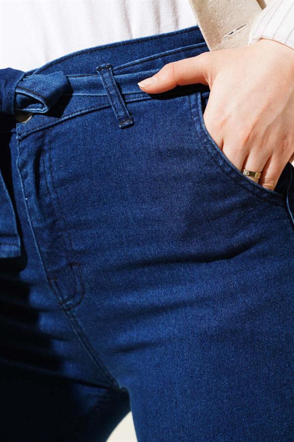 Belted Elastic Waist Jeans Navy Blue
