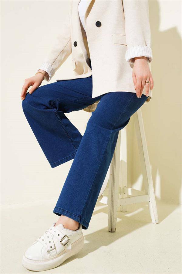 Belted Elastic Waist Jeans Navy Blue