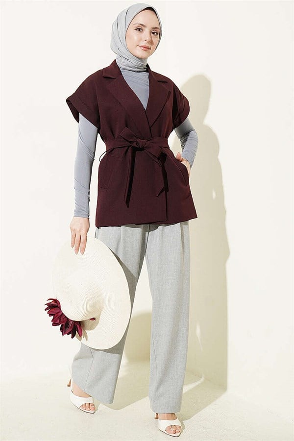 Belted Blazer Vest, Plum