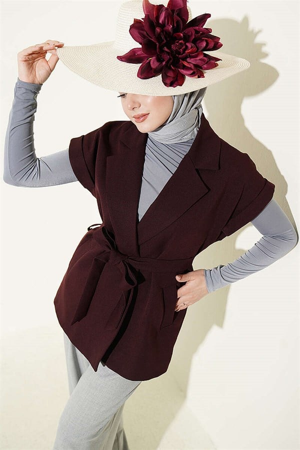 Belted Blazer Vest, Plum