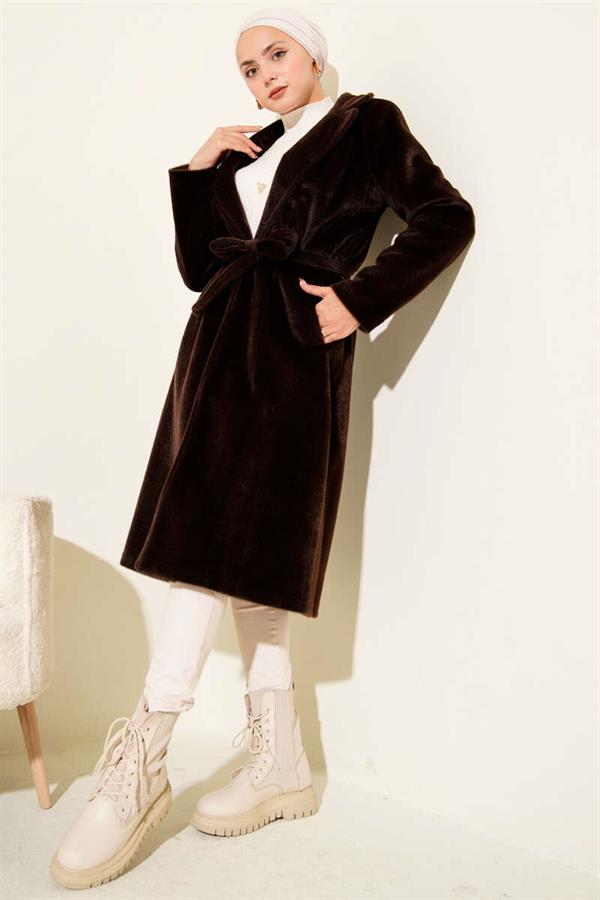 Belted Bronze Detailed Cashmere Coat, Bitter Brown