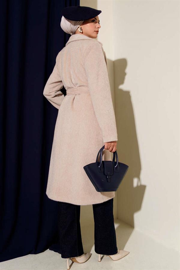 Belted Bronze Detailed Cashmere Coat Beige