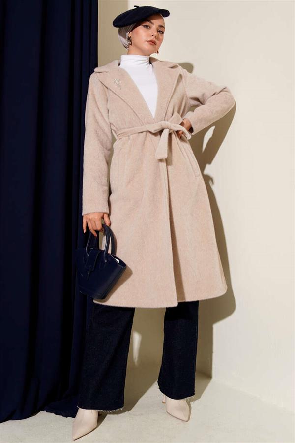 Belted Bronze Detailed Cashmere Coat Beige