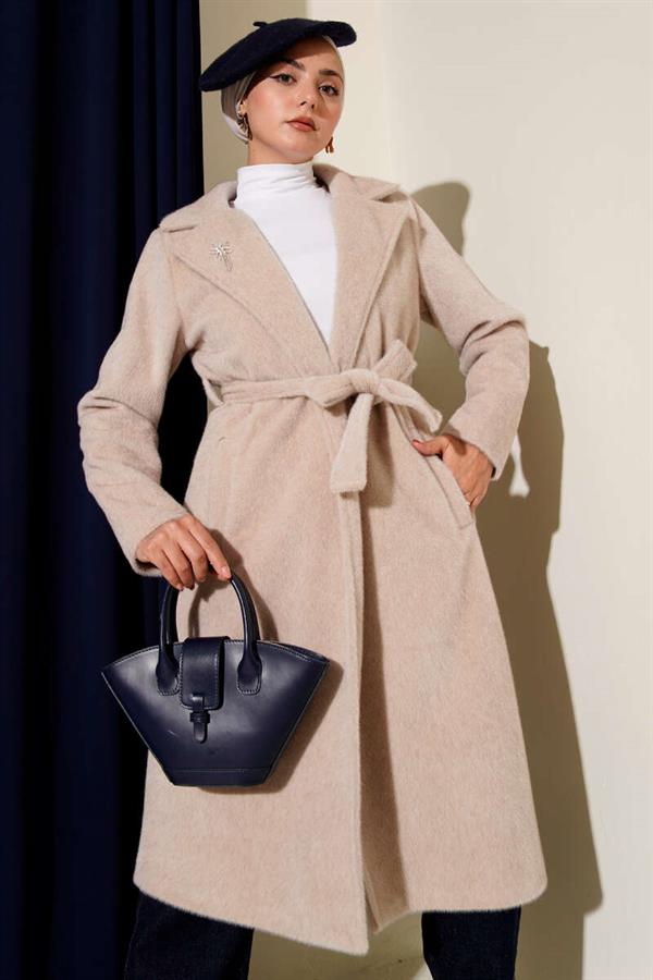 Belted Bronze Detailed Cashmere Coat Beige