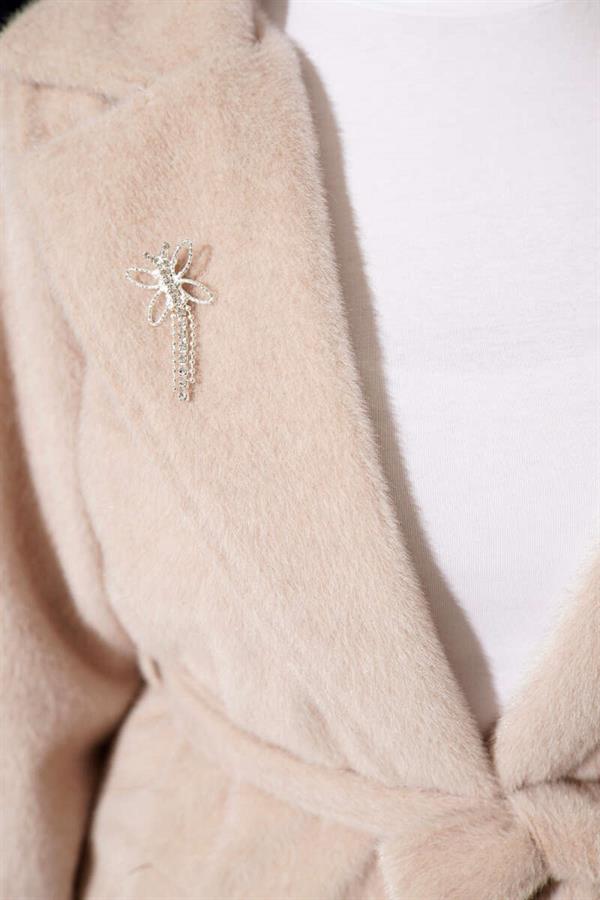 Belted Bronze Detailed Cashmere Coat Beige