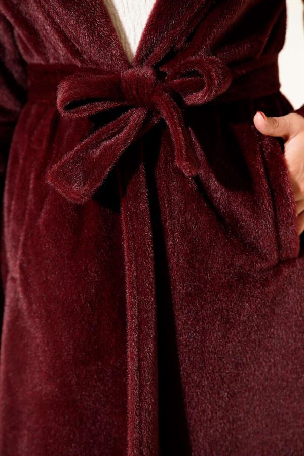 Belted Bronch Detailed Cashmere Coat Burgundy