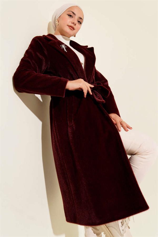 Belted Bronch Detailed Cashmere Coat Burgundy