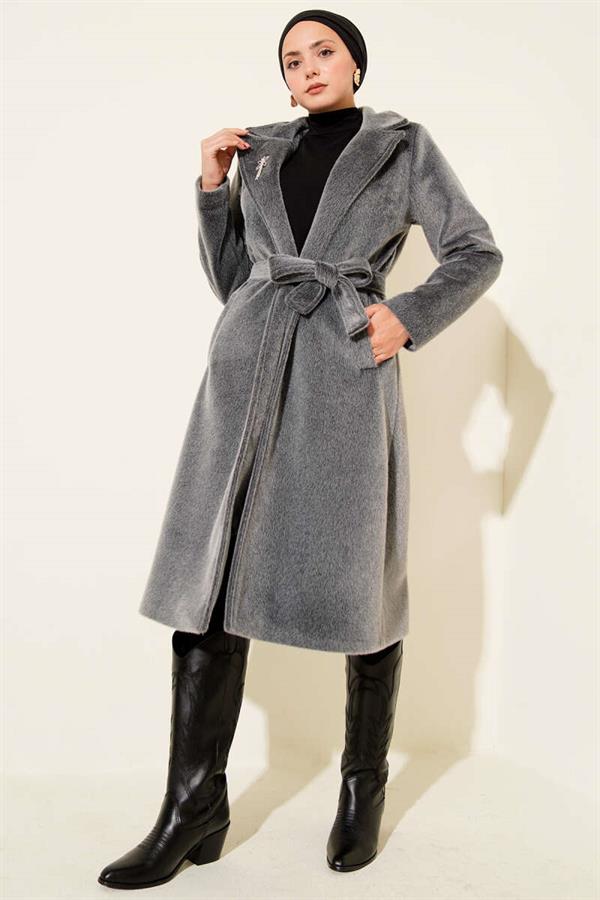 Belted Bronch Detailed Cashmere Coat Smoke