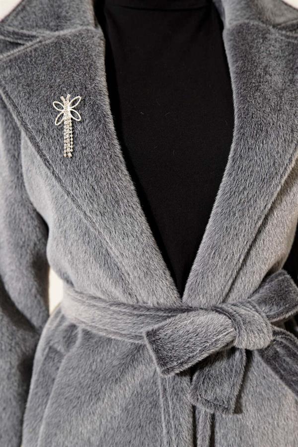 Belted Bronch Detailed Cashmere Coat Smoke