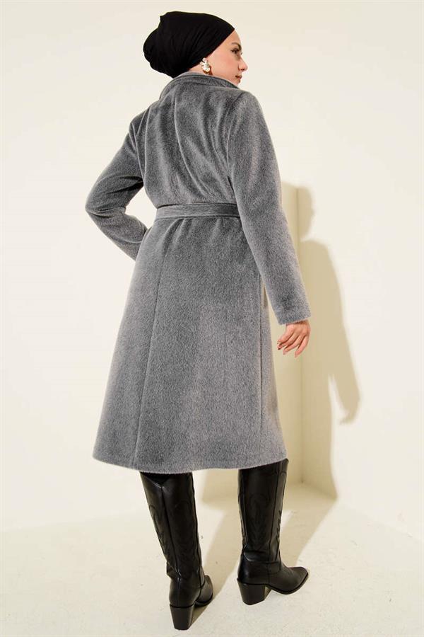 Belted Bronch Detailed Cashmere Coat Smoke