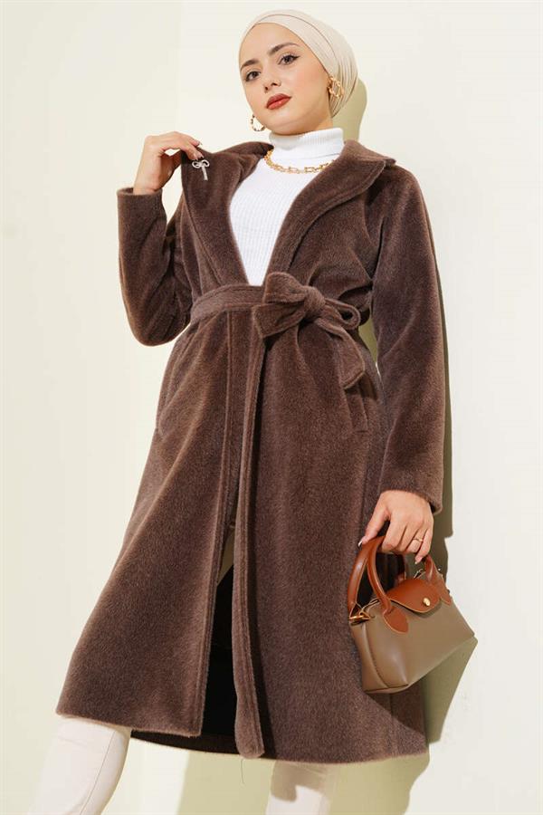 Belted Bronze Detailed Cashmere Coat Brown