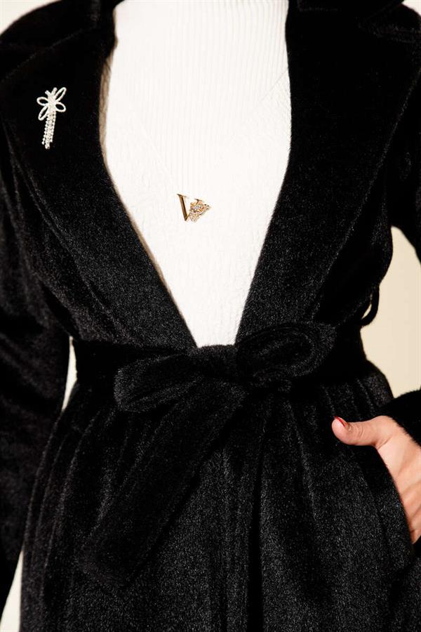 Belted Bronze Detailed Cashmere Coat Black