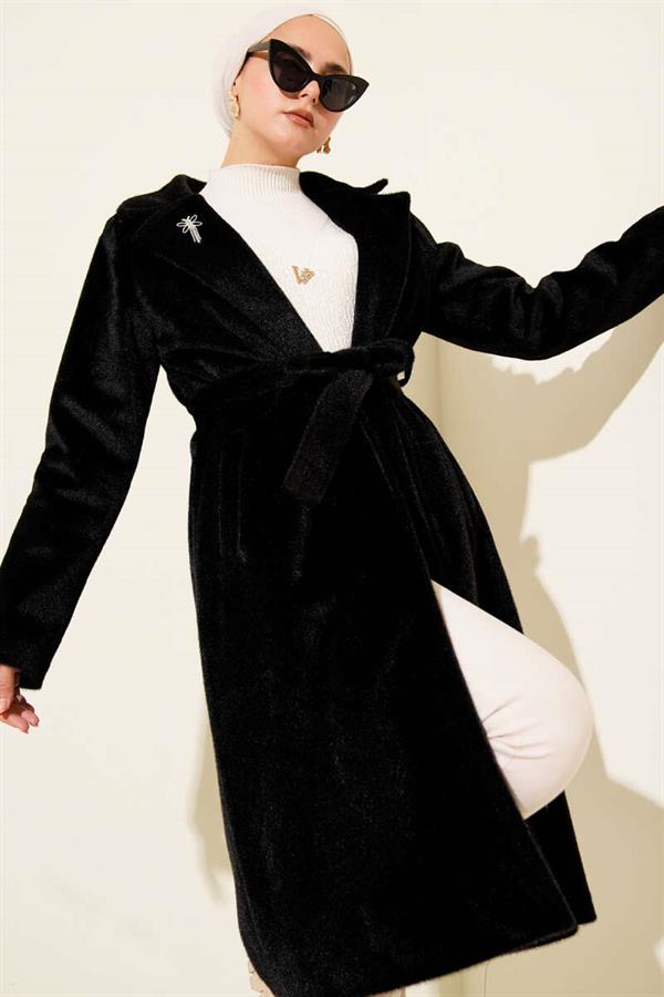 Belted Bronze Detailed Cashmere Coat Black