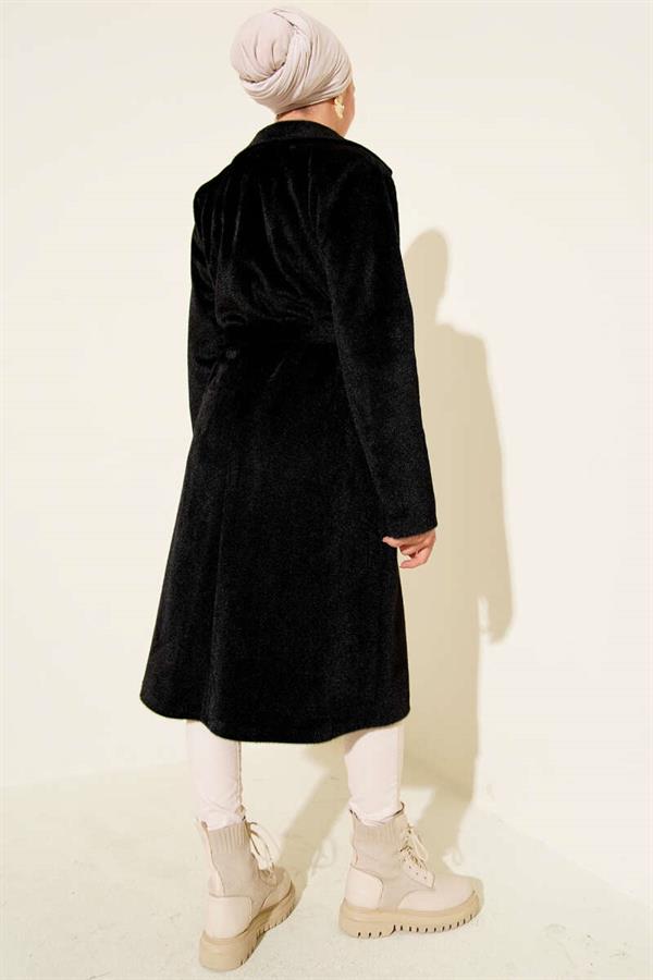 Belted Bronze Detailed Cashmere Coat Black