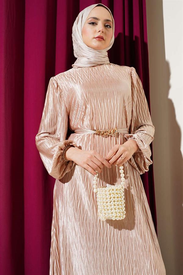 Belted Pleated Dress Beige