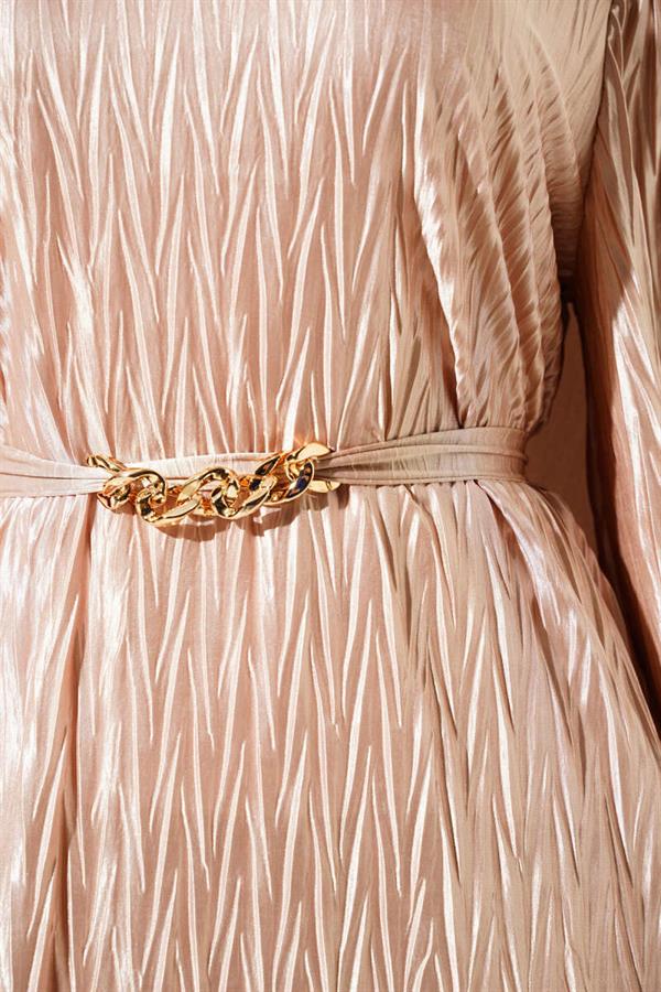 Belted Pleated Dress Beige