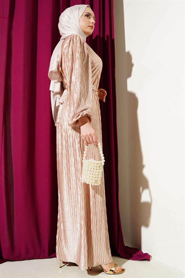 Belted Pleated Dress Beige