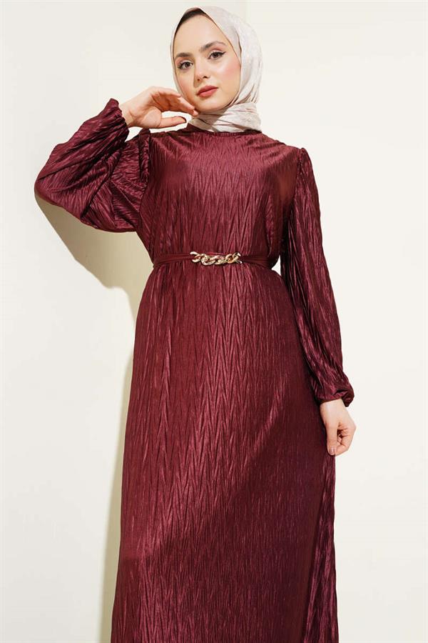 Belted Pleated Dress in Burgundy