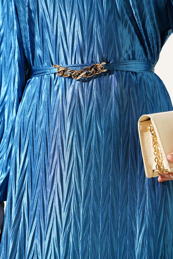 Belted Pleated Dress in Indigo