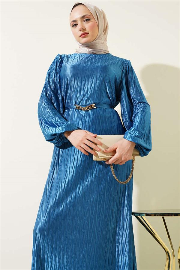 Belted Pleated Dress in Indigo