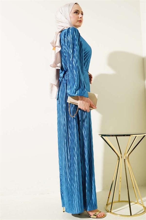 Belted Pleated Dress in Indigo