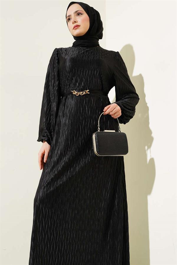 Belted Pleated Dress Black