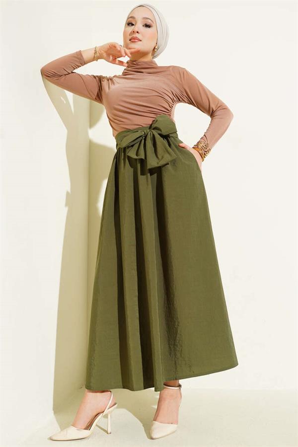 Belted Bell Skirt Khaki