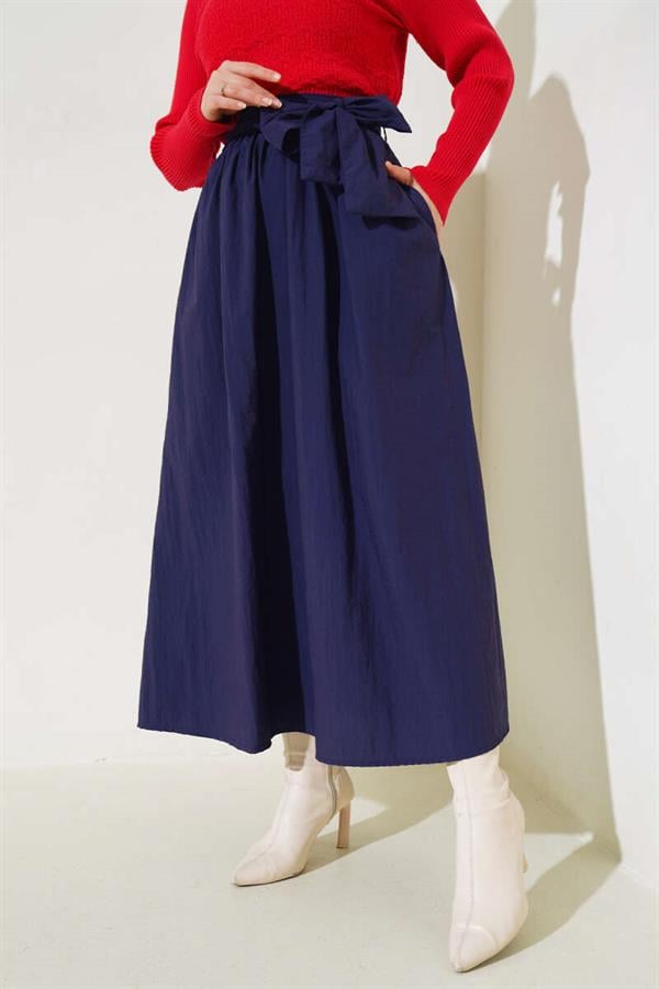 Belted Bell Skirt Navy Blue