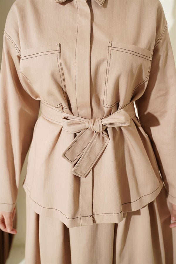 Belted Skirt 2 Piece Set with Double Pockets, Beige