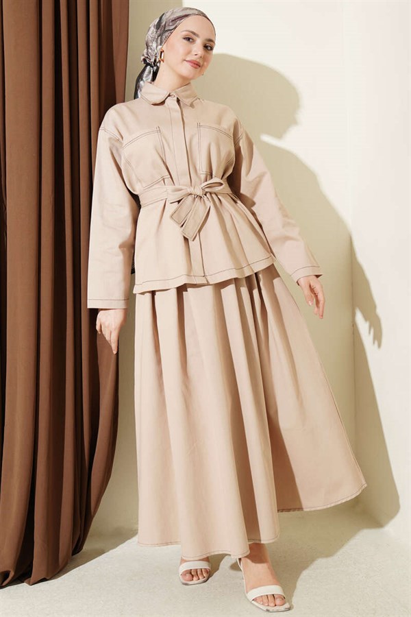 Belted Skirt 2 Piece Set with Double Pockets, Beige