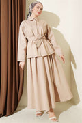 Belted Skirt 2 Piece Set with Double Pockets, Beige