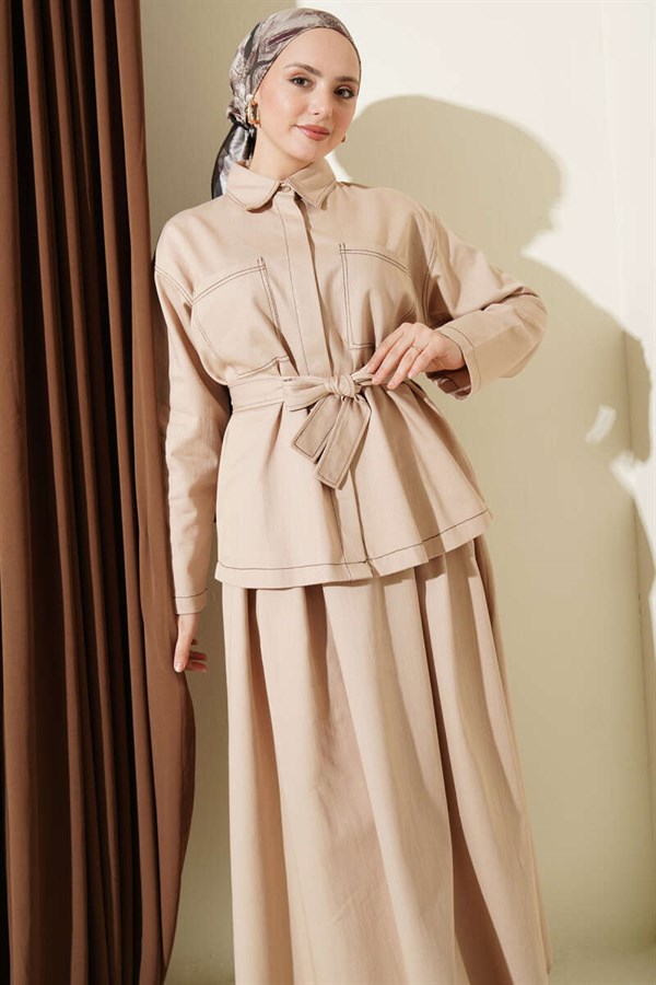Belted Skirt 2 Piece Set with Double Pockets, Beige